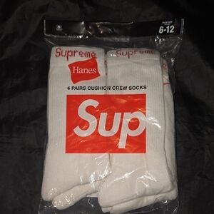 Hanes White Crew Socks with Red Logo - 4 Pack (Supreme Style)